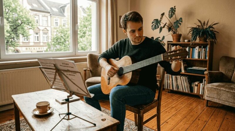 Ein Mann sitzt im Wohnzimmer und stimmt seine spanische Gitarre.