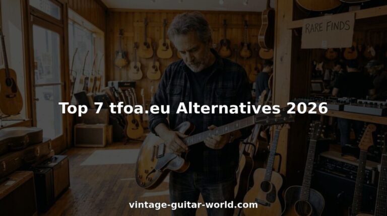 Vintage guitar collector inspects rare instruments