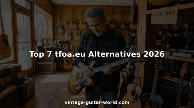 Vintage guitar collector inspects rare instruments