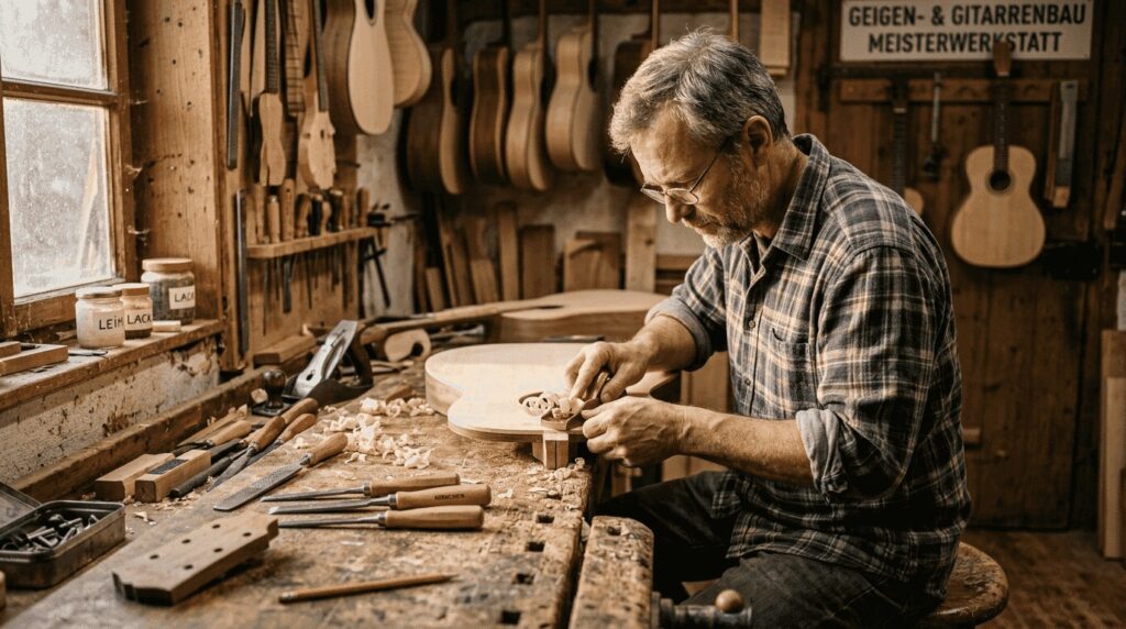 In seiner Werkstatt fertigt ein Gitarrenbauer mit viel Fingerspitzengefühl den Korpus einer neuen Gitarre an.