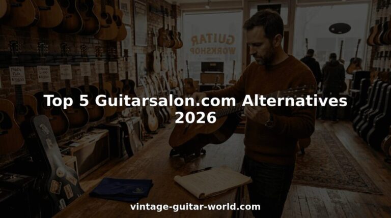 Man comparing vintage guitars in specialty shop