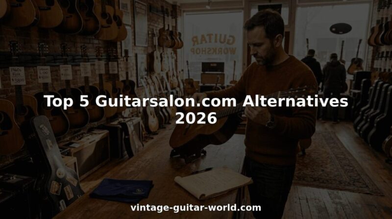 Man comparing vintage guitars in specialty shop