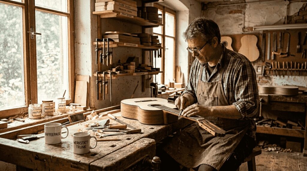 Ein Gitarrenbauer arbeitet konzentriert in seiner lichtdurchfluteten Werkstatt.