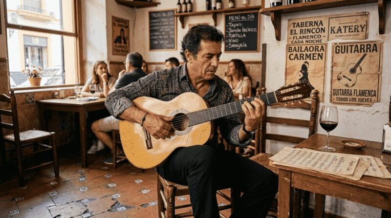 Flamenco guitarist performing in Spanish café