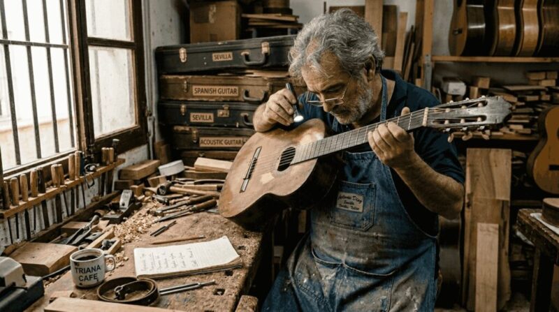 Luthier inspecting vintage flamenco guitar in workshop