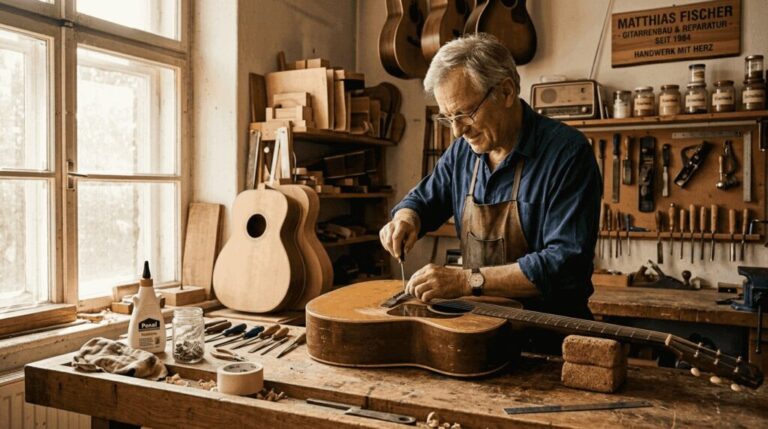Ein Instrumentenbauer bringt in seiner Werkstatt eine alte Gitarre wieder auf Vordermann.
