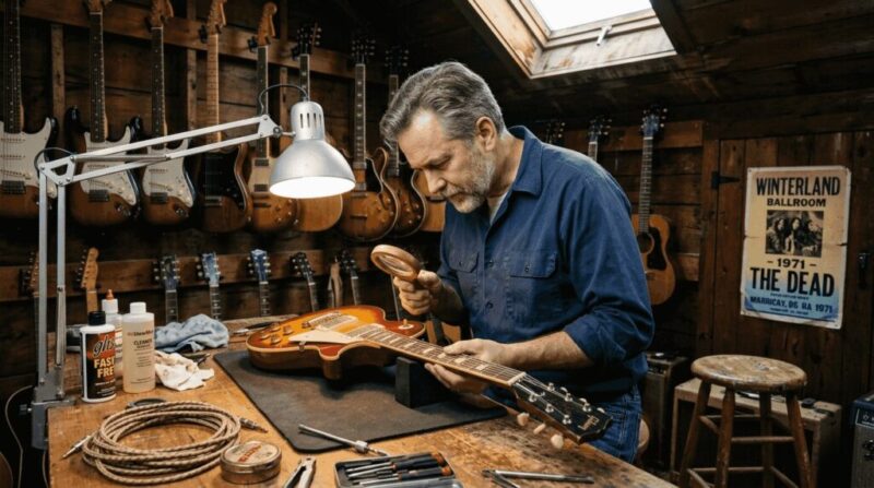 Man examining collectible guitar in small studio