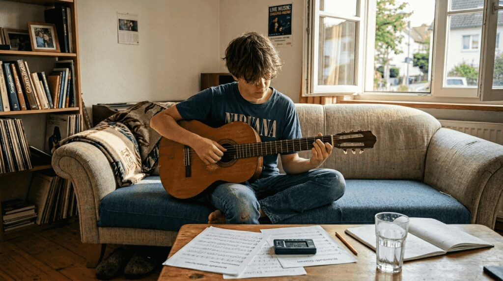 Ein Jugendlicher sitzt im Wohnzimmer und spielt auf seiner Gitarre.