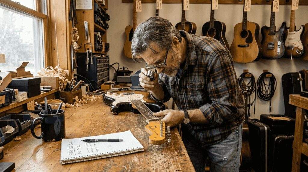 Guitar appraiser examining vintage Stratocaster