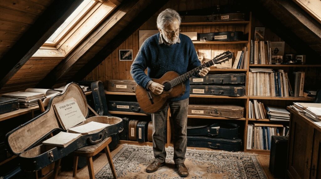 Ein Sammler begutachtet eine historische Gitarre in seinem Studio.