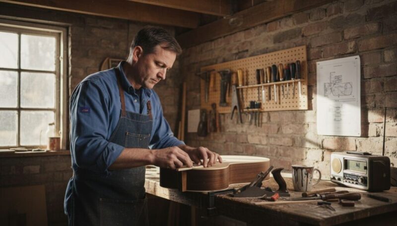 Luthier assembling guitar in workshop