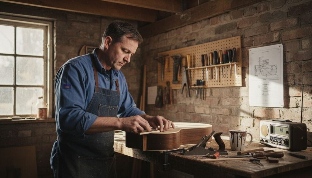 Luthier assembling guitar in workshop