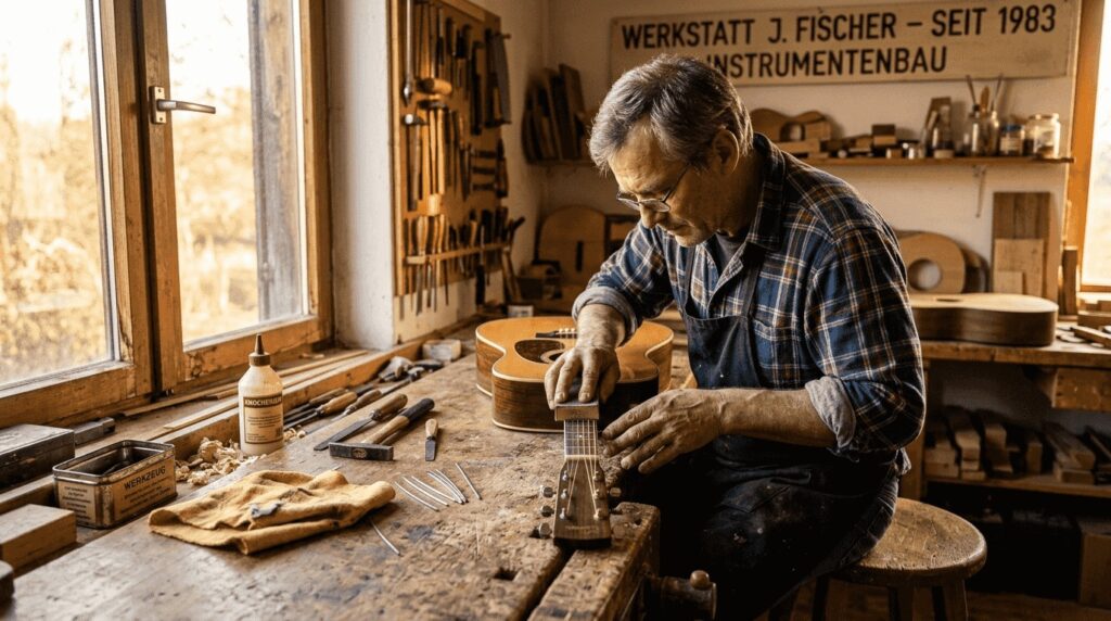 In seiner Werkstatt haucht ein Gitarrenbauer einer betagten Gitarre neues Leben ein.