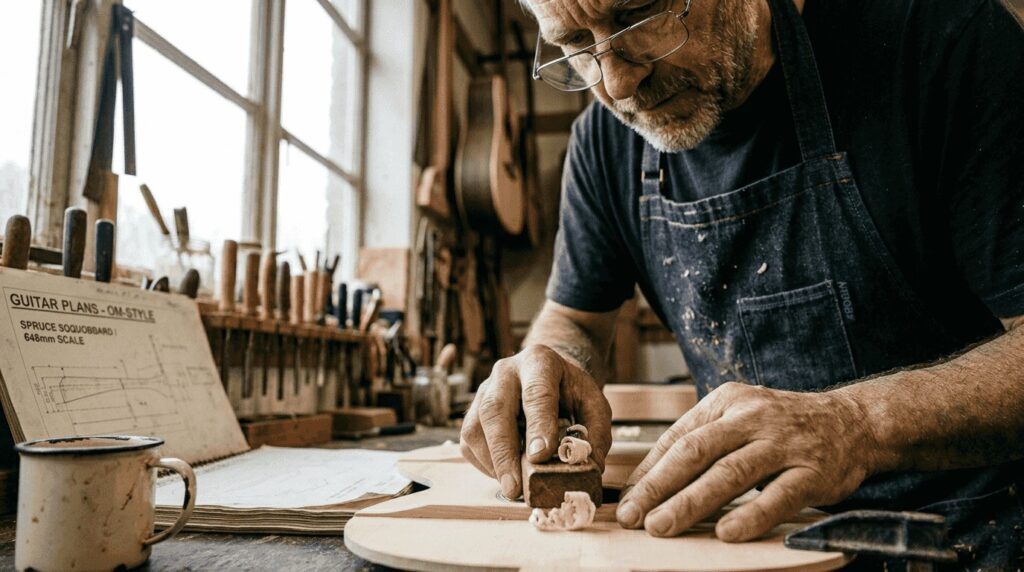 Luthier shaping guitar soundboard in workshop