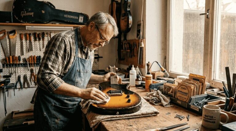 Ein Gitarrenfachmann bringt eine alte E-Gitarre wieder auf Hochglanz.