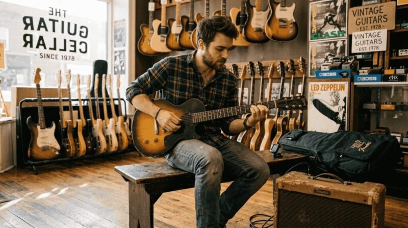 Musician testing guitar in vintage guitar shop