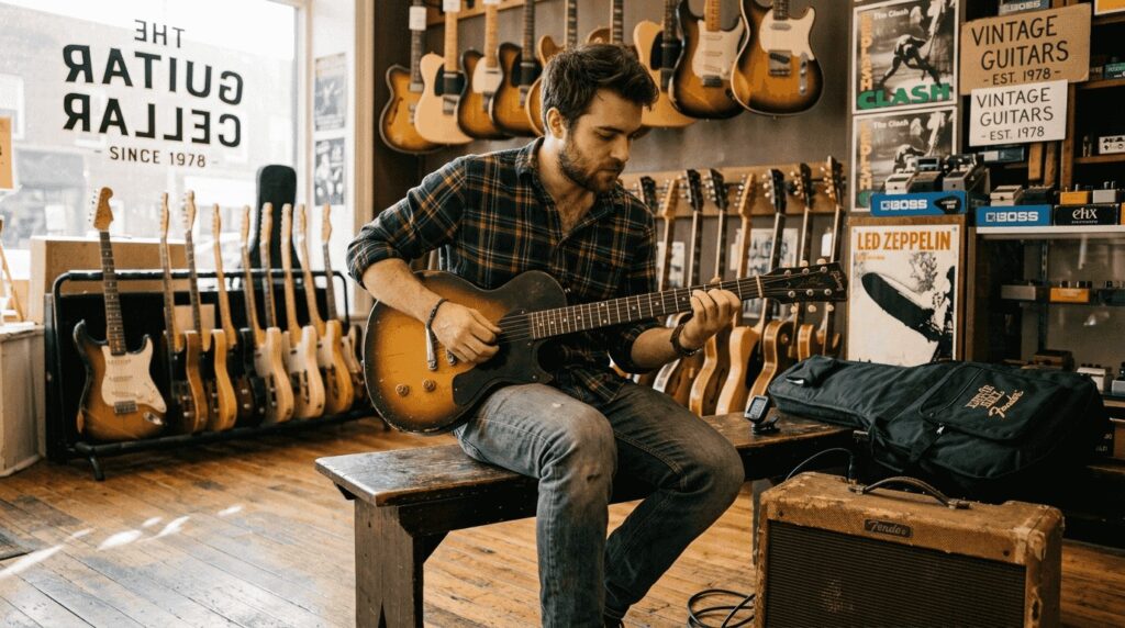Musician testing guitar in vintage guitar shop