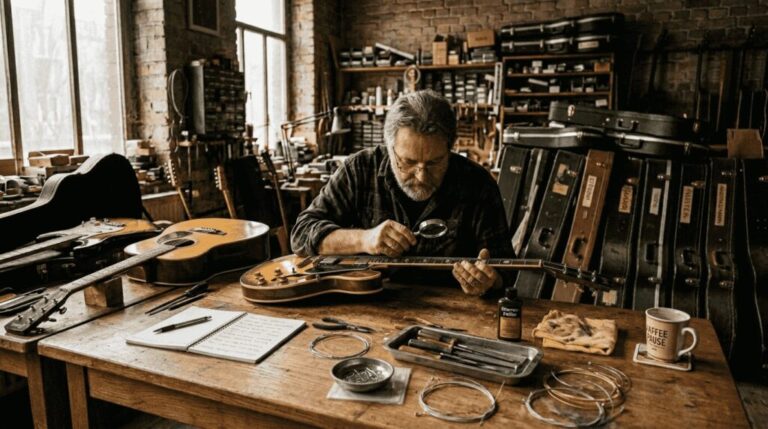 Ein Gitarrenfachmann prüft und begutachtet Instrumente an seiner Werkbank.