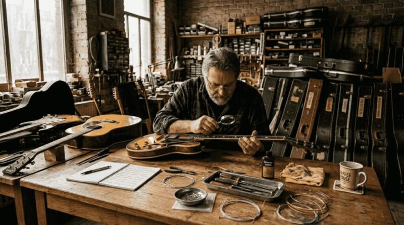 Ein Gitarrenfachmann prüft und begutachtet Instrumente an seiner Werkbank.