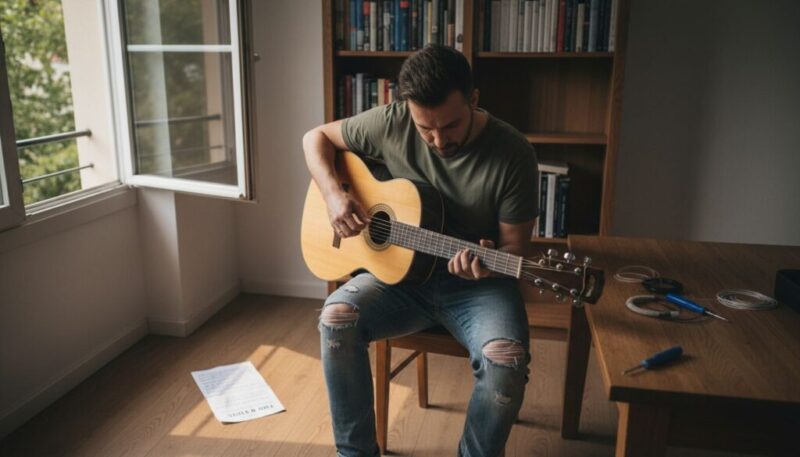 Ein Mann wechselt zu Hause die Saiten seiner klassischen Gitarre.