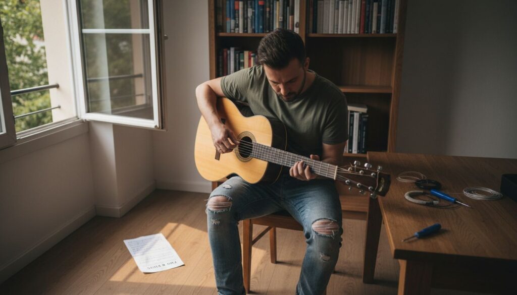 Ein Mann wechselt zu Hause die Saiten seiner klassischen Gitarre.