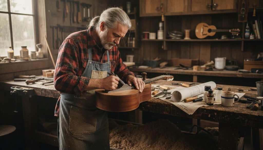 Luthier crafting guitar in traditional workshop