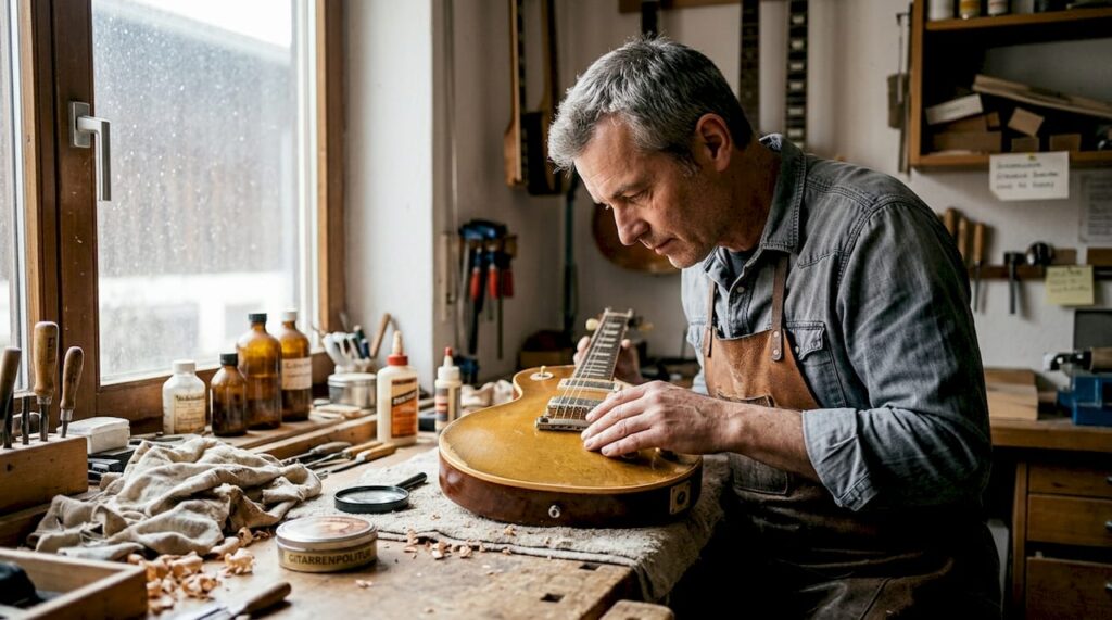 Ein Gitarrenbauer begutachtet eine alte, hochwertige Vintage-Gitarre an seiner Werkbank.