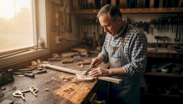 Luthier carves guitar neck in workshop