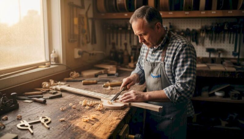 Luthier carves guitar neck in workshop