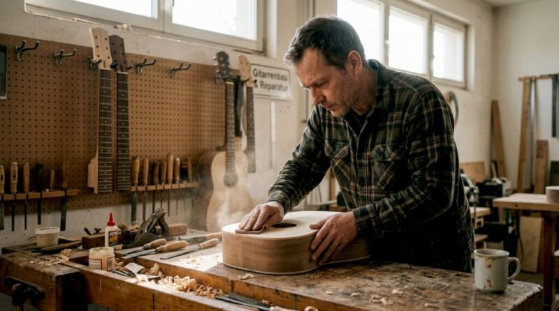 In einer sonnendurchfluteten Werkstatt fertigt ein Gitarrenbauer mit viel Liebe zum Detail ein neues Instrument an.