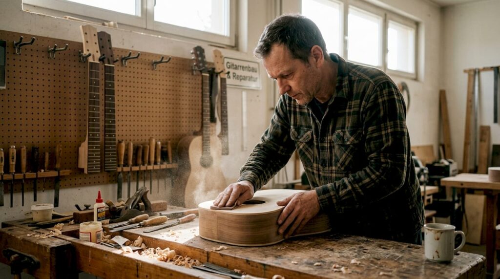 In einer sonnendurchfluteten Werkstatt fertigt ein Gitarrenbauer mit viel Liebe zum Detail ein neues Instrument an.