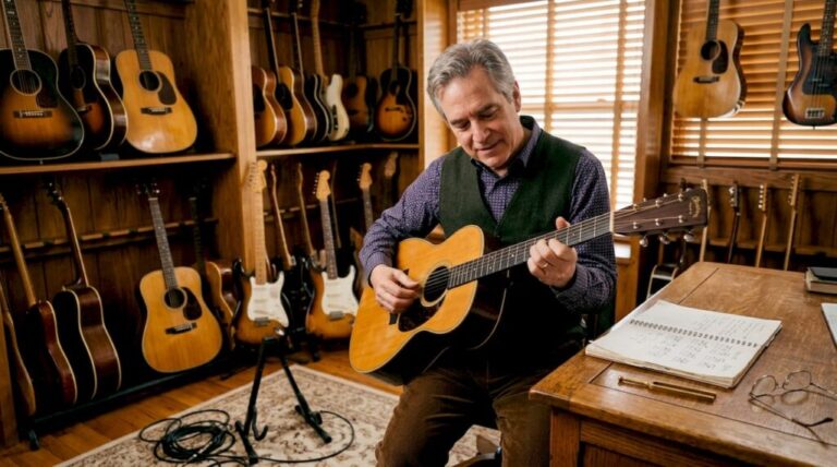 Vintage guitar expert in wood-paneled study