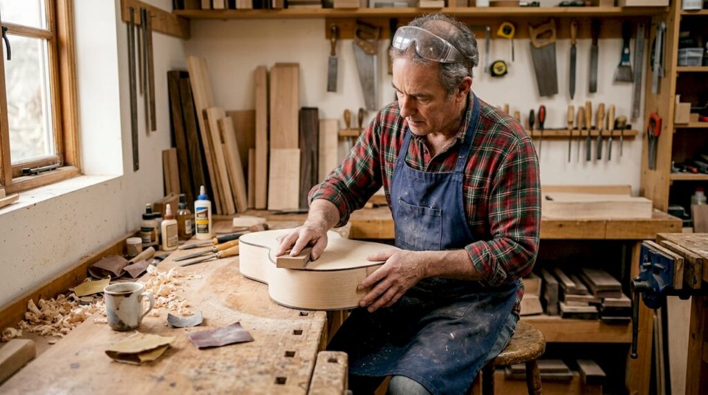 Ein Gitarrenbauer schleift behutsam den Korpus einer klassischen Gitarre, um eine makellose Oberfläche zu erzielen.