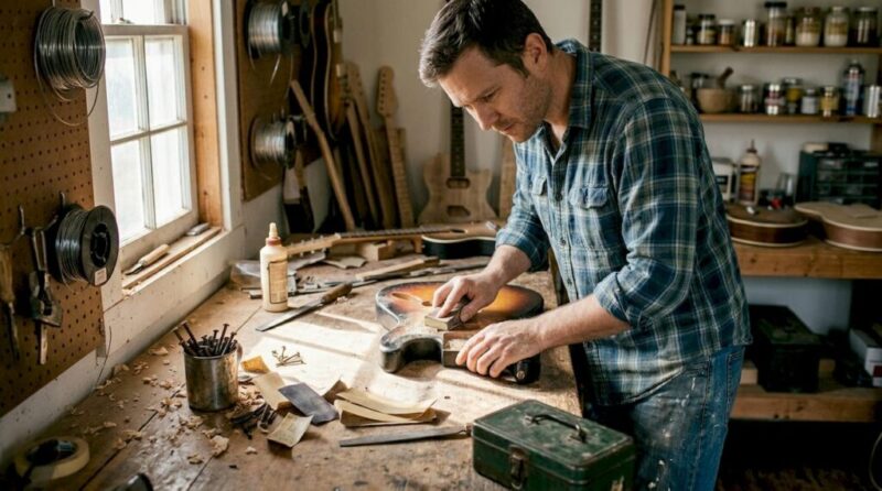 Luthier relicing electric guitar in home workshop