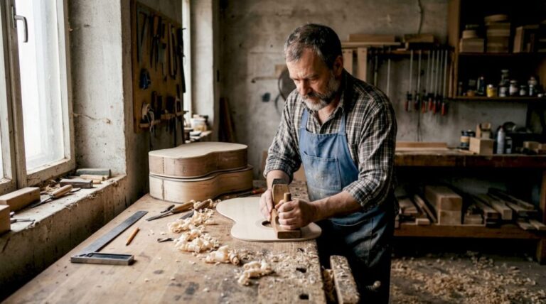 In seiner eigenen Werkstatt bringt der Gitarrenbauer das Holz in Form und schafft daraus einzigartige Instrumente.