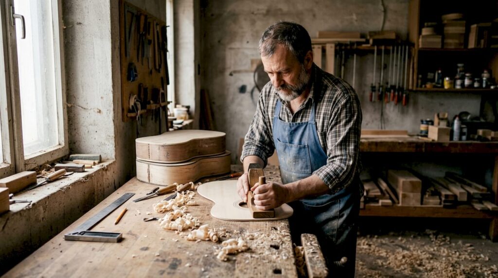 In seiner eigenen Werkstatt bringt der Gitarrenbauer das Holz in Form und schafft daraus einzigartige Instrumente.