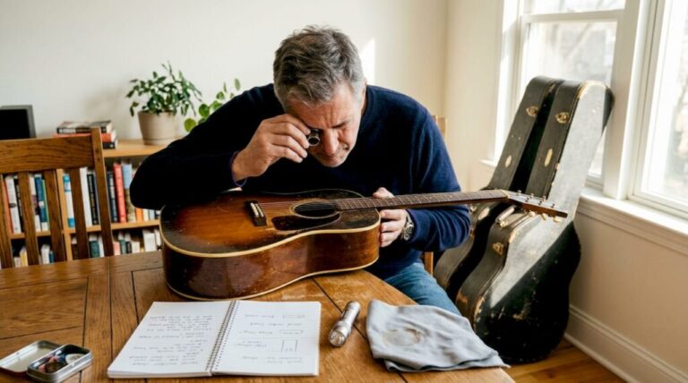 Collector inspecting vintage guitar at home
