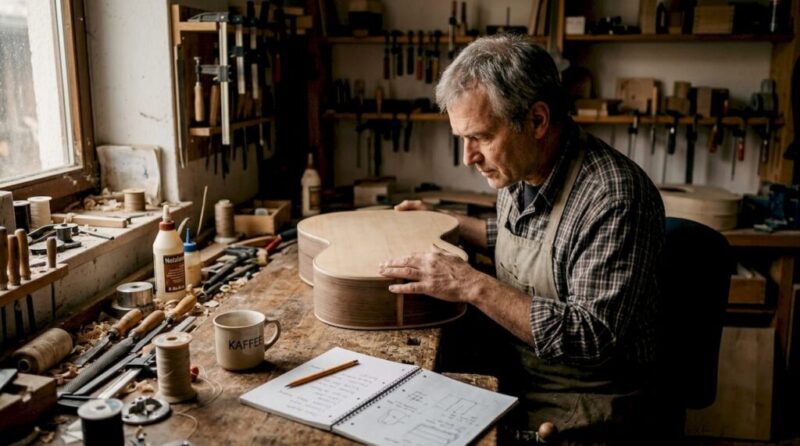 Ein Gitarrenbauer begutachtet sorgfältig den handgefertigten Korpus einer Gitarre in seiner Werkstatt.