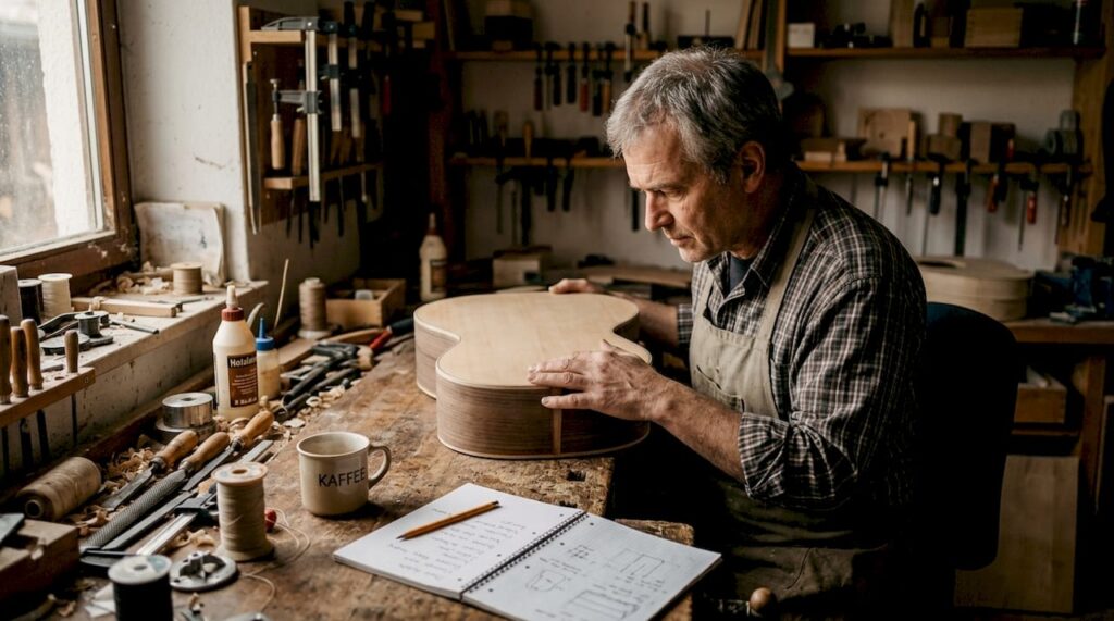 Ein Gitarrenbauer begutachtet sorgfältig den handgefertigten Korpus einer Gitarre in seiner Werkstatt.
