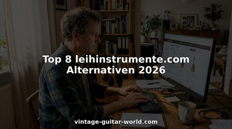 Ein Mann sitzt in seinem Home-Office und vergleicht verschiedene Gitarren miteinander.