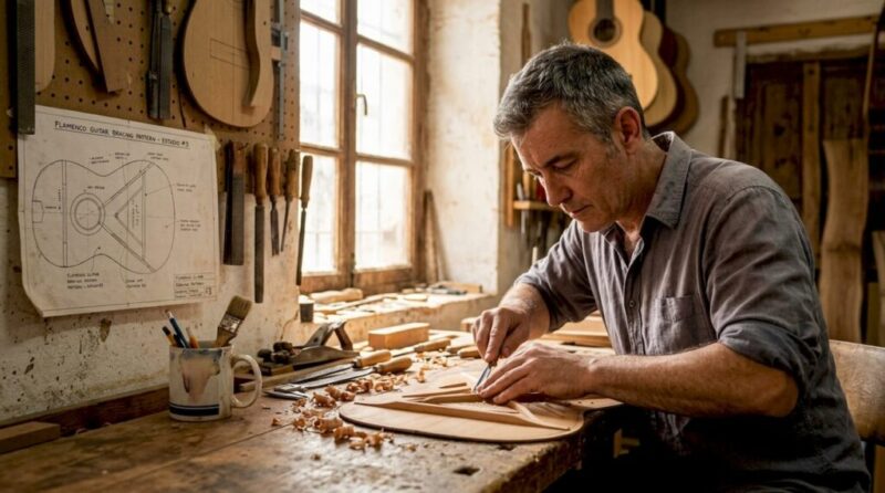 Luthier carving flamenco guitar bracing in workshop
