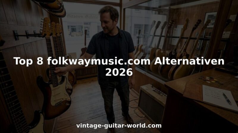 Eine Person stöbert in einem kleinen Gitarrenladen durch seltene Vintage-Modelle.