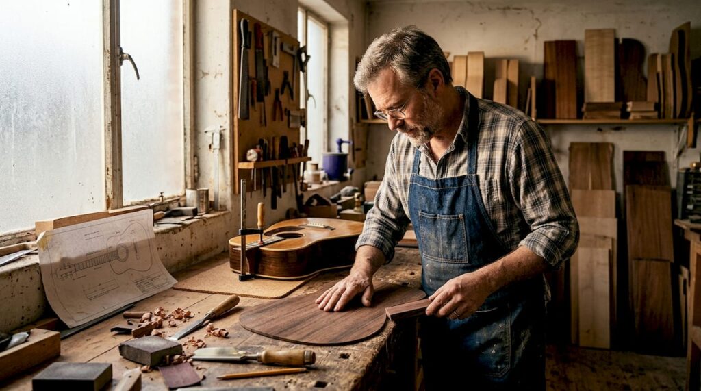 Luthier examines vintage wood at workbench