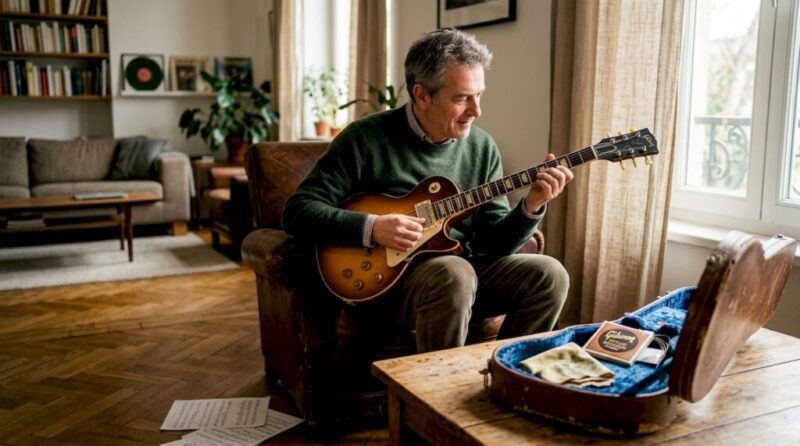 Ein leidenschaftlicher Gitarrensammler begutachtet in seinem Wohnzimmer ein seltenes Exemplar.