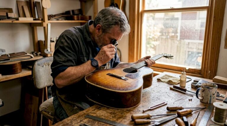 Luthier examining vintage guitar at workbench