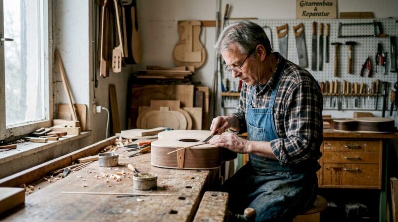 Ein Gitarrenbauer feilt in seiner Werkstatt an einer neuen Gitarre.