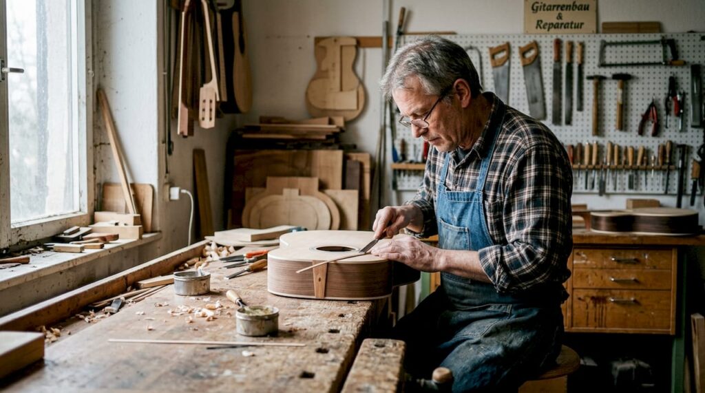 Ein Gitarrenbauer feilt in seiner Werkstatt an einer neuen Gitarre.