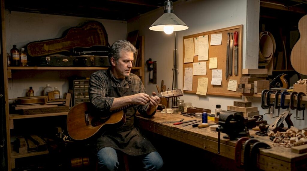 Luthier examining vintage guitar in workshop