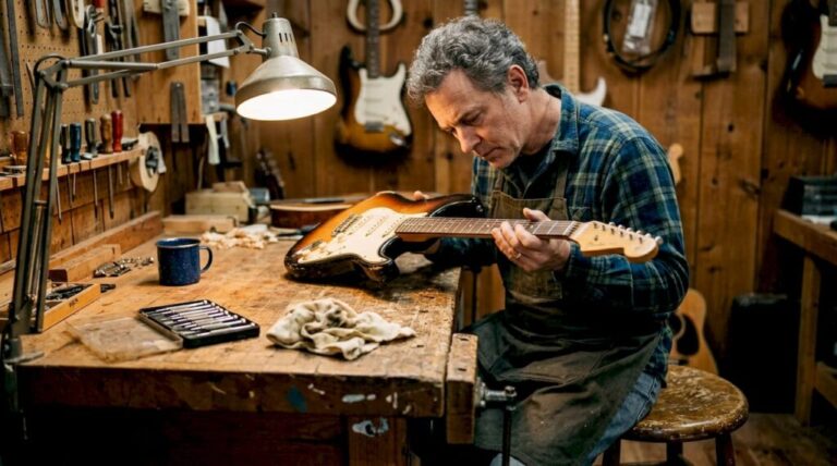 Ein Gitarrenprofi nimmt eine alte E-Gitarre in seiner Werkstatt genau unter die Lupe.