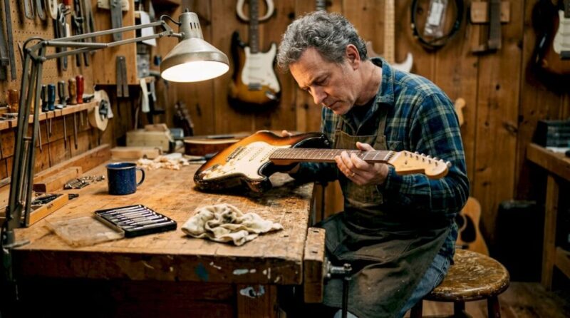 Ein Gitarrenprofi nimmt eine alte E-Gitarre in seiner Werkstatt genau unter die Lupe.